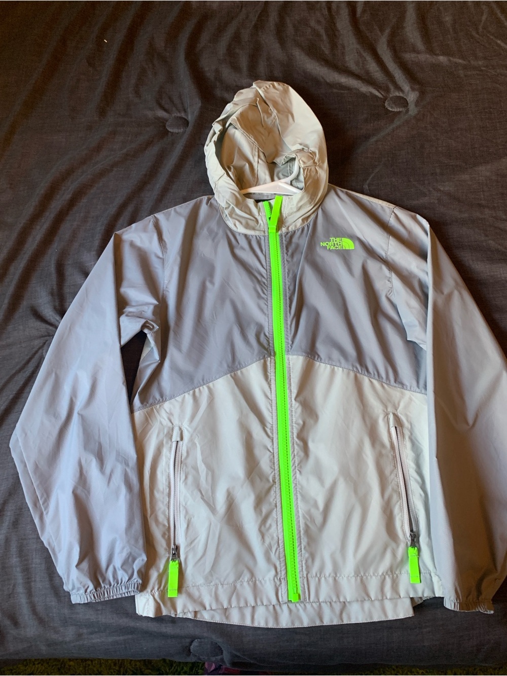 North Face Kids Light Gray Hooded Rain Jacket with Neon Green Trim